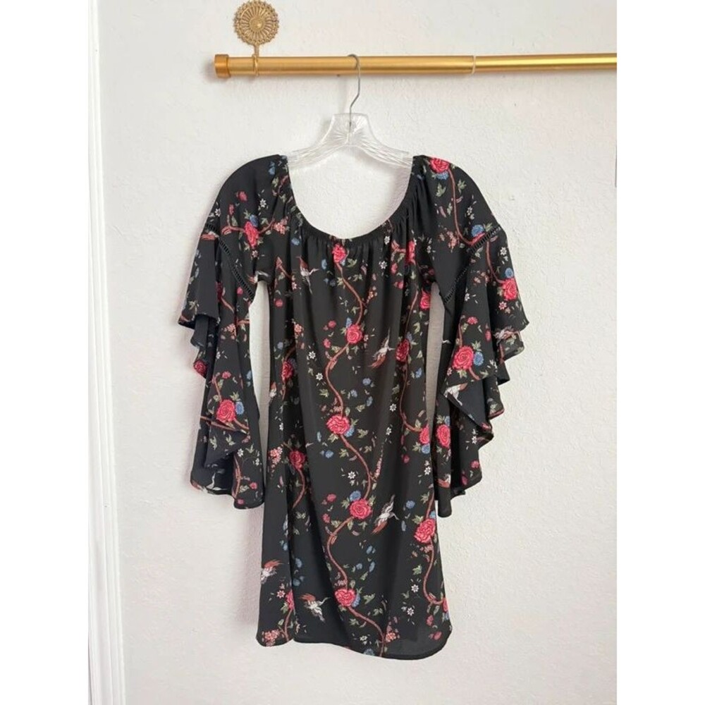Wishful Black Floral Mini Dress Medium Boho Western Flutter Sleeve